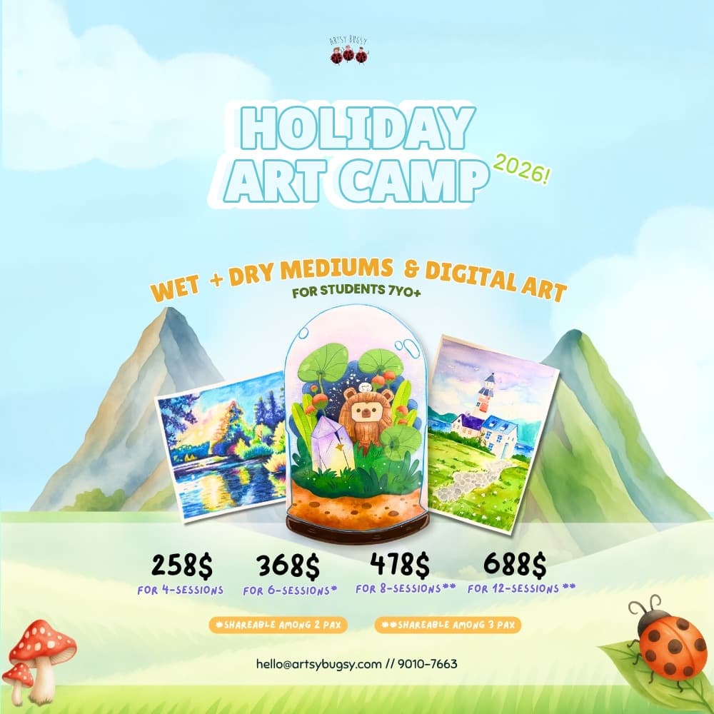 Holiday Art Camp 2026 banner showing watercolour, pastel, and digital artworks by Artsy Bugsy students